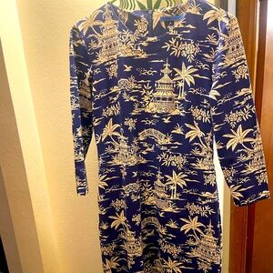 Navy Blue Tropical Print Sheath Dress